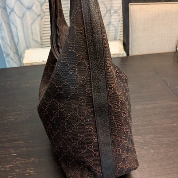 🤞LAST DROP🤞GUCCI Denim Monogram Hobo Dark Brown w/ Dust Bag - Picture 3 of 13